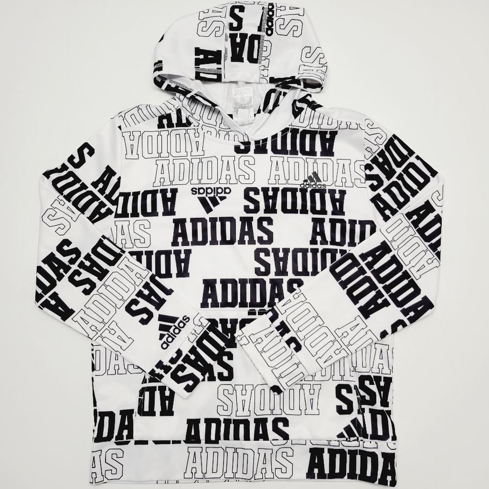 Adidas White & Black Logo Printed Light Pullover Hoodie Kids Size 14/16